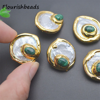 Accessoires de bijouterie, plaqué or 18 carats, métal cuivre, forme de pièce ronde, pierre de malachite synthétique, perles d'eau douce naturelles, perles en vrac