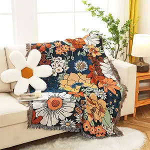 outdoor jacquard wholesale custom art floral Home decor woven throw rug blanket