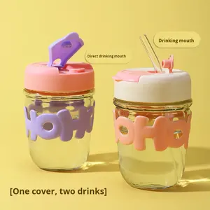 Gobelet à eau en verre transparent anti-fuite, esthétique de dessin animé, mignon, avec paille et perle, design fait main, 350 ml, motif de lettres - Product Image 3