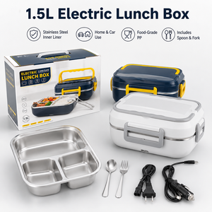 Portable Electric <b>Heated</b> <b>Lunch</b> <b>Box</b> 100W with 2 Compartments 1.6L Stainless Steel BPA Free for Adult Work School KL03009 - Product Image 3
