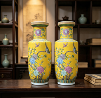 Grand vase décoratif en céramique de style chinoiserie pour la décoration de hall d'hôtel ou de villa, style antique, paire de vases rouleaux en porcelaine jaune chinoise