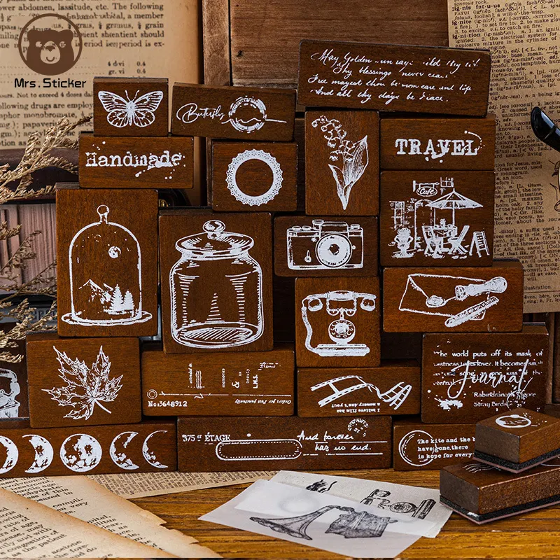7 unids/caja efímero Vintage de madera conjunto de sello de goma arte DIY artesanía de madera sellos decorativas de viajes cuadernos diario