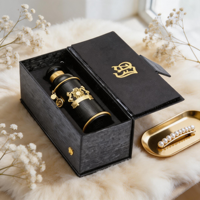 Maßgefertigte Parfümflaschen-Verpackungsbox aus Strukturiertem Schwarzen Lederpapier mit Geprägtem Goldlogo und Samtfutter