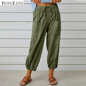 <span class=keywords><strong>Pantaloni</strong></span> larghi a vita alta e abbottonati di cotone <span class=keywords><strong>pantaloni</strong></span> tagliati a gamba larga da donna con stampa - Product Image 3