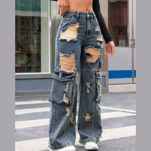 DIZNEU High Street Damen baggy Hosen hohe Höhe mehrere Taschen verblasst gewaschen Denim weites Bein Frachtjeans 100 % Baumwolle Jeans