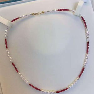 <b>Delicate</b> Beaded <b>Necklace</b> Combined with Faceted Ruby Beads and 4-5mm Aurora Freshwater Pearls, Finished with Sterling Silver - Product Image 4