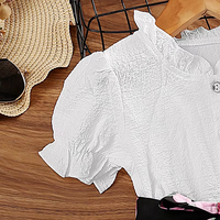 Robe florale pour enfants, robe à manches bouffantes pour filles, corsage blanc, jupe tutu à imprimé rose, boutique pour enfants, tenue de fête d'été, vente en gros