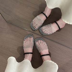 New Summer Women's European American-Style Fishnet-Weave Openwork Roman Sandals Flat Round-Toe Wrap-Around <b>Half</b>-<b>Slip</b>-On - Product Image 2