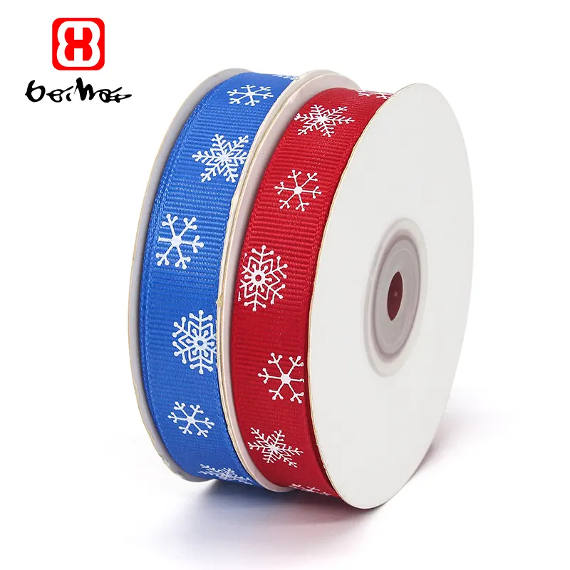 Factory OEM Customized Christmas Ribbon 100% Polyester Printed Snowflake Grosgrain Ribbon Roll For Festival Grosgrain Ribbon
