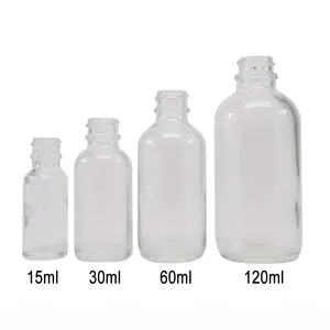 Garrafa transparente de vidro redondo, garrafa de vidro de 30ml, 60ml e 120ml