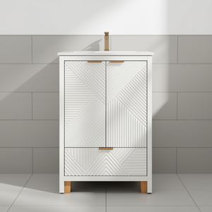 Mueble de Baño Moderno de 24 Pulgadas con Lavabo, Paneles de Puerta Texturizados Blancos, Bisagras de Cierre Suave y Patas de Pino - Product Image 2