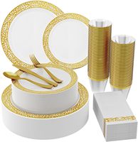 Ensemble de vaisselle jetable en plastique doré EaMaSy Party 350 pièces, assiettes, serviettes en lin, gobelets - Écologique, sans BPA, classique pour mariage