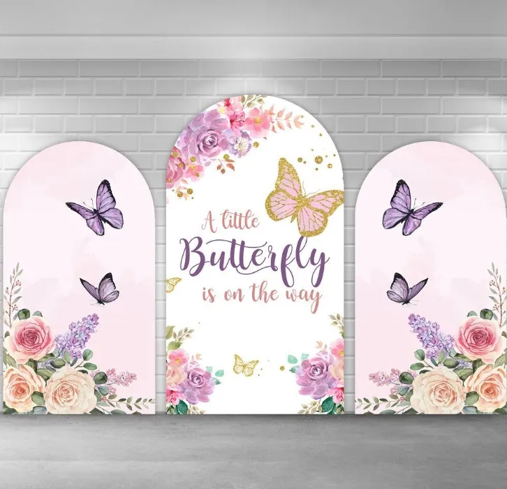 individuelle beliebige Schmetterlingsblumen-Bogen-Kulisse Hintergrundständer stretchy Stoffbezüge für Mädchen rosa Parteien gewölbte Wandverkleidung Geburtstag Party