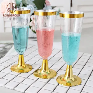 Luxury Wedding Party Banquet Drinkware Clear Goblet Champagne Flute Wholesale Plastic Wine Disposable Glass with Gold Silver Rim