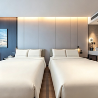 Ensemble de meubles modernes modulaires pour chambre d'hôtel et appartement : Lit double, lit rembourré, tête de lit avec panneau mural, bureau et canapé