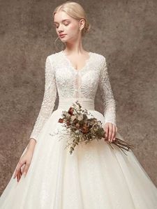 NDB10968 Vestido <span class=keywords><strong>de</strong></span> Novia Nuevo <span class=keywords><strong>de</strong></span> <span class=keywords><strong>Manga</strong></span> <span class=keywords><strong>Larga</strong></span> con Cola <span class=keywords><strong>de</strong></span> Falda Voluminosa Brillante y Efecto Adelgazante - Product Image 3