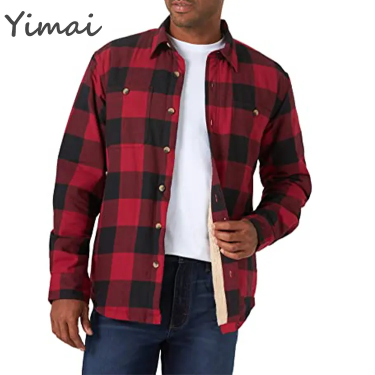 OEM custom wholesale warm casual plaid shirts turn down collar single breasted overshirts Long Sleeve Sherpa Lined Shirt Jacket