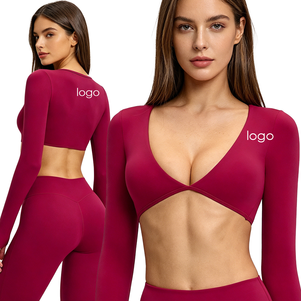 Yoga Long-Sleeve Scoop V-Neck Fashionable Cropped Sports Top for Outdoor Fitness Running T-Shirt for Sexy Cutout Workout Top