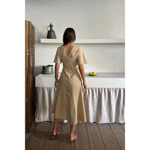 Vestido de Lino Beige con Cuello en V, Cierre de Botones Delanteros, Cintura Baja, Largo hasta la Rodilla, Estilo Europeo para Oficina, Disponible en Tallas XS a XL - Product Image 1