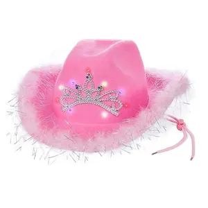 Sombreros de vaquero rosa de aleros grandes con plumas, sombrero intermitente de vaca en forma de no tejido, evento de fiesta para fiesta