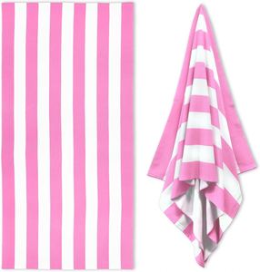 Serviette de plage et de piscine en microfibre surdimensionnée à faible quantité minimale de commande, serviette de bain rayée rose à séchage rapide - Product Image 1