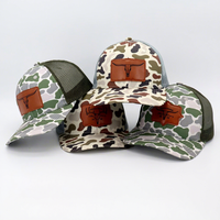 Gorra de camuflaje para caza, estilo snapback, de 6 paneles, con malla, parche de cuero personalizado con logo, gorra de camionero de algodón marrón camuflado.