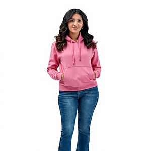 Customize Women <b>Pink</b> <b>Hoodie</b> Regular Fit Solid Color Cotton Knitted Breathable Anti-Pilling Pullover Autumn Wear with Pockets - Product Image 2