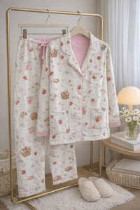 بيجامات قطنية مخصصة بطباعة لطيفة باللون الوردي من القطن العضوي، ملابس نوم أنيقة محبوكة عالية الجودة - Product Image 3