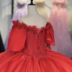 Robes de Quinceañera en satin bouffant avec broderie rouge et dentelle, modèle 1181, très populaires - Product Image 6