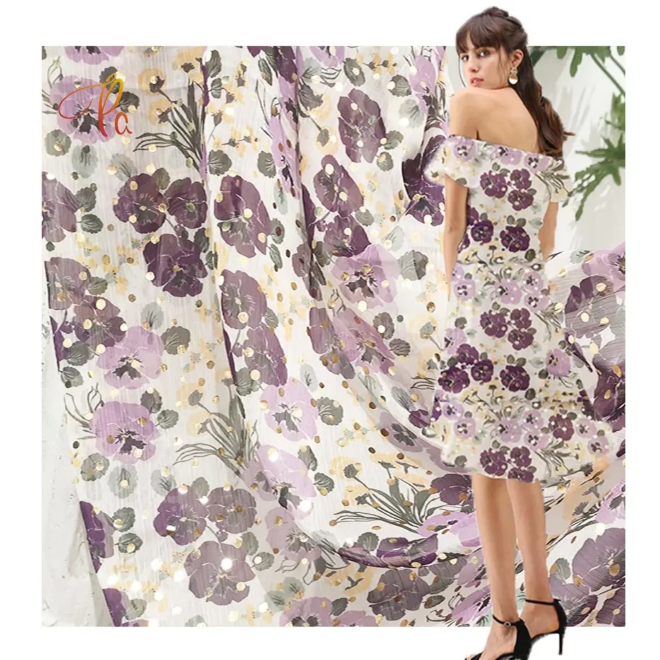 Custom 2023 Fashion Design Bronzing Digital Impressão Floral Chiffon Crepe Tecido Para Mulher Vestidos