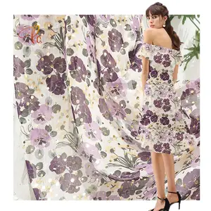 Custom 2023 Fashion Design Bronzing Digital Printing Floral Chiffon Crepe Fabric For Woman Dresses