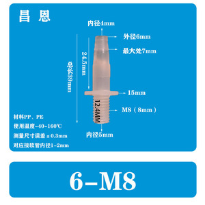 Raccord de tuyau en plastique Chang En 6-M8, connecteur droit à filetage externe pour tube souple de 1-2 mm de diamètre intérieur - Product Image 1