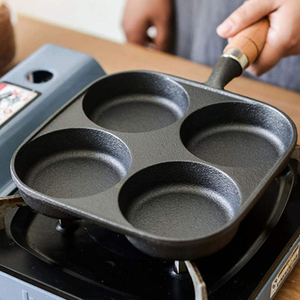 Không dính bốn lỗ Omelet Pan ăn sáng Burger trứng Pancake <span class=keywords><strong>4</strong></span> chén trứng chiên Chảo gang với tay cầm bằng gỗ - Product Image 5