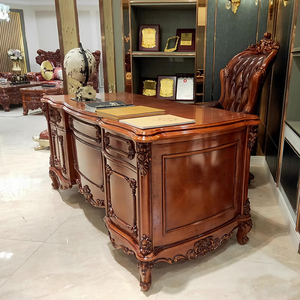 टिकाऊ स्विवेल लेदर चेयर राइटिंग टेबल के साथ आधुनिक ब्राउन क्लासिक सॉलिड वुड होम ऑफिस डेस्क वर्क टेबल - Product Image 4