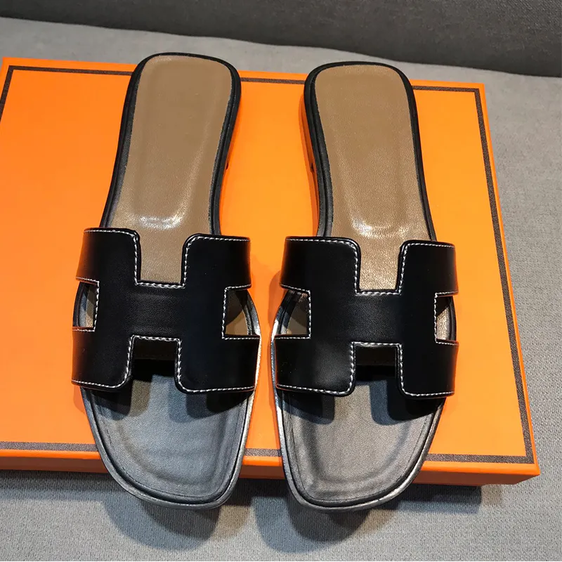 Classic Ladies H Belt Soft Leather Casual Flat Slide for Female PU Slipper Sandal Designer Women Leather Slipper