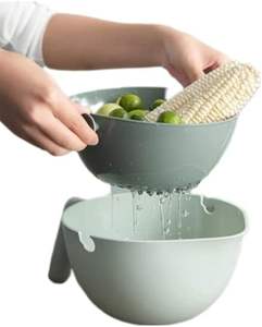 Le plus récent 2 en 1 Double couche nettoyage légumes fruits lavage cuisine passoire en plastique vidange panier passoire bol avec poignée - Product Image 3