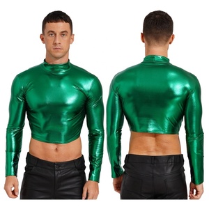Men Latin Dance Crop <b>Top</b> Metallic Long Sleeve <b>Mock</b> <b>Neck</b> Shiny Liquid Stage Ballroom Festival Costume Custom - Product Image 2