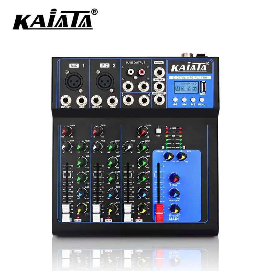 KAIKA F4-MB-3 Petite console de mixage avec écran d'affichage, dédiée à la carte son en direct, karaoké stéréo DJ Audio Mixer.