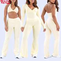 Ensemble de yoga fitness personnalisé pour femme, haut de yoga dos nu respirant couleur chair, leggings évasés à manches longues, ensemble 2 pièces en Spandex pour entraînement et gym
