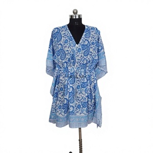 Indian Blue Print Women's Short-Length Woven V-neck Airy Sleeve <b>Kaftan</b> Dress with Digital Print 100% Organic Cotton - Product Image 1
