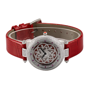 Relojes de Pareja de Acero Inoxidable con Diamantes, Cristal de Zafiro, Resistentes al Agua 30M, Movimiento Ronda, Correa de Cuero Roja - Product Image 4