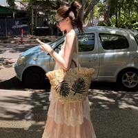 Sac à bandoulière en paille brodé de feuilles de palmier fait main, grande capacité, sac cabas style bohème pour femme