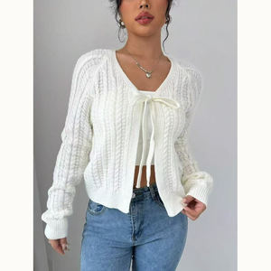 Cárdigan de diseño de punto de cordel con <span class=keywords><strong>cuello</strong></span> en V desabotonado, nuevo suéter blanco informal Vintage con correa de lazo para <span class=keywords><strong>mujer</strong></span> - Product Image 6