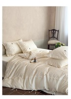 Parure de lit 4 pièces en dentelle brodée élégante, en coton longues fibres 100S, satin de luxe, housse de couette, drap plat, linge de lit pour la maison