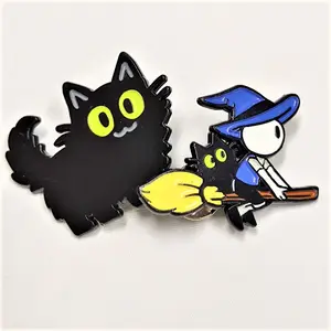 High Quality Wholesale Factory Customized Cat Witch Design Debossed Pattern Hard Enamel Pins Soft Enamel Pins For Decoration