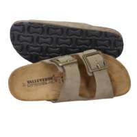 Sandales plates Valleverde à bout ouvert en cuir véritable taupe avec boucle, chaussures confortables à enfiler pour femmes