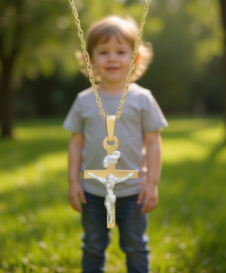 Collana con Ciondolo Crocifisso Bicolore per Bambini Macy's, Placcata in Oro 14k, Gioiello Religioso Cristiano per Battesimo - Product Image 2