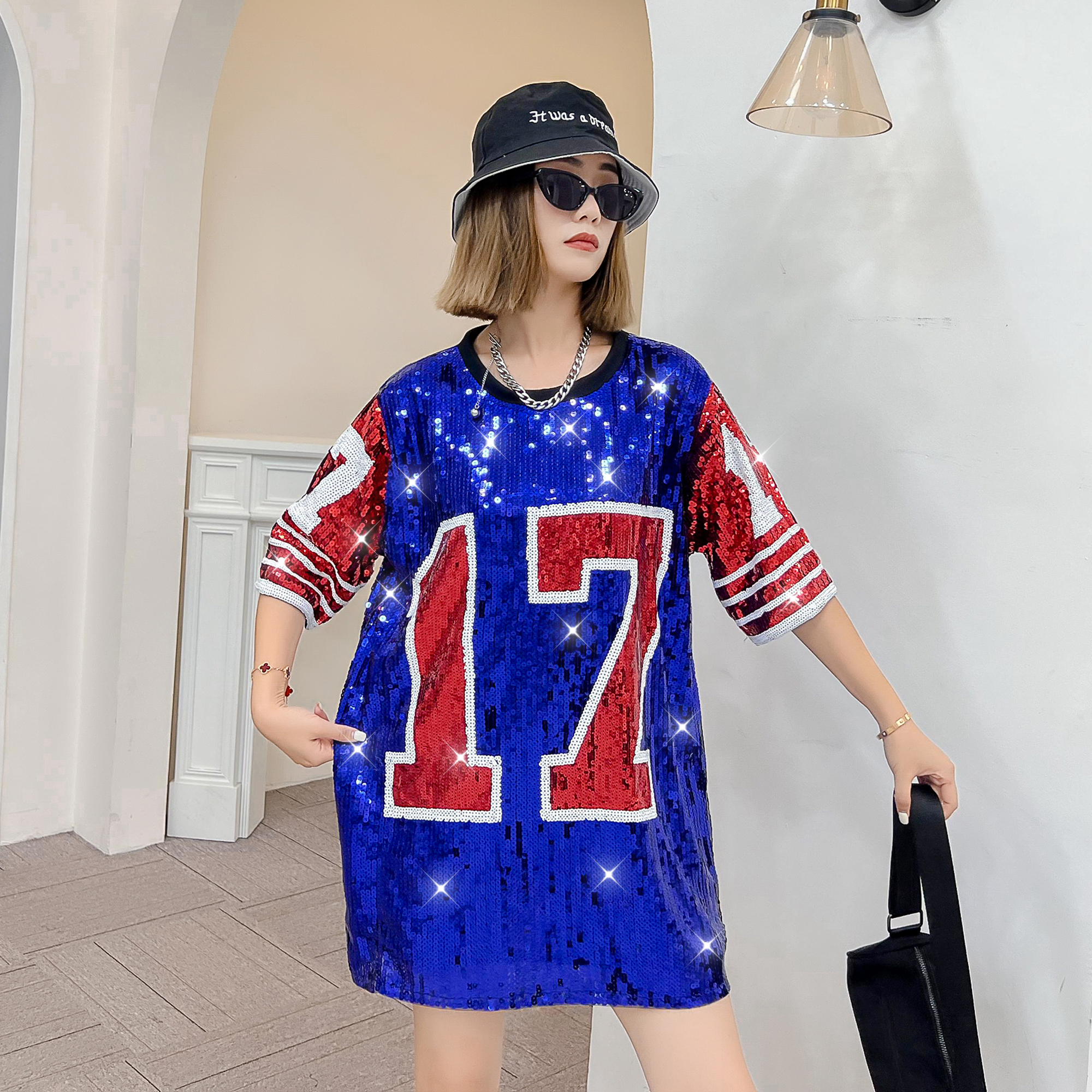 green emerald velvet dress Whitewed Womens Ladies Sequin Birthday Jersey Dress Football Glitter Sequin  Shirt Dress 3/4 Sleeve Black/Gold at Amazon Women's Clothing store main image 1