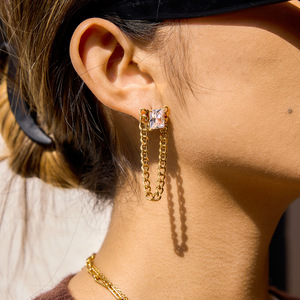 Pendientes Colgantes Cuadrados de Acero Inoxidable con Zirconia y Oro de 18K, Engaste de Bisel, Joyería Geométrica con Borlas para Uso Diario - Product Image 3