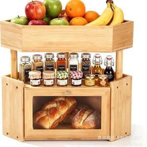 Boîte à pain en bambou d'angle avec panier à fruits 2 en 1, rangement de cuisine multi-niveaux en bambou pour pain et fruits - Product Image 5